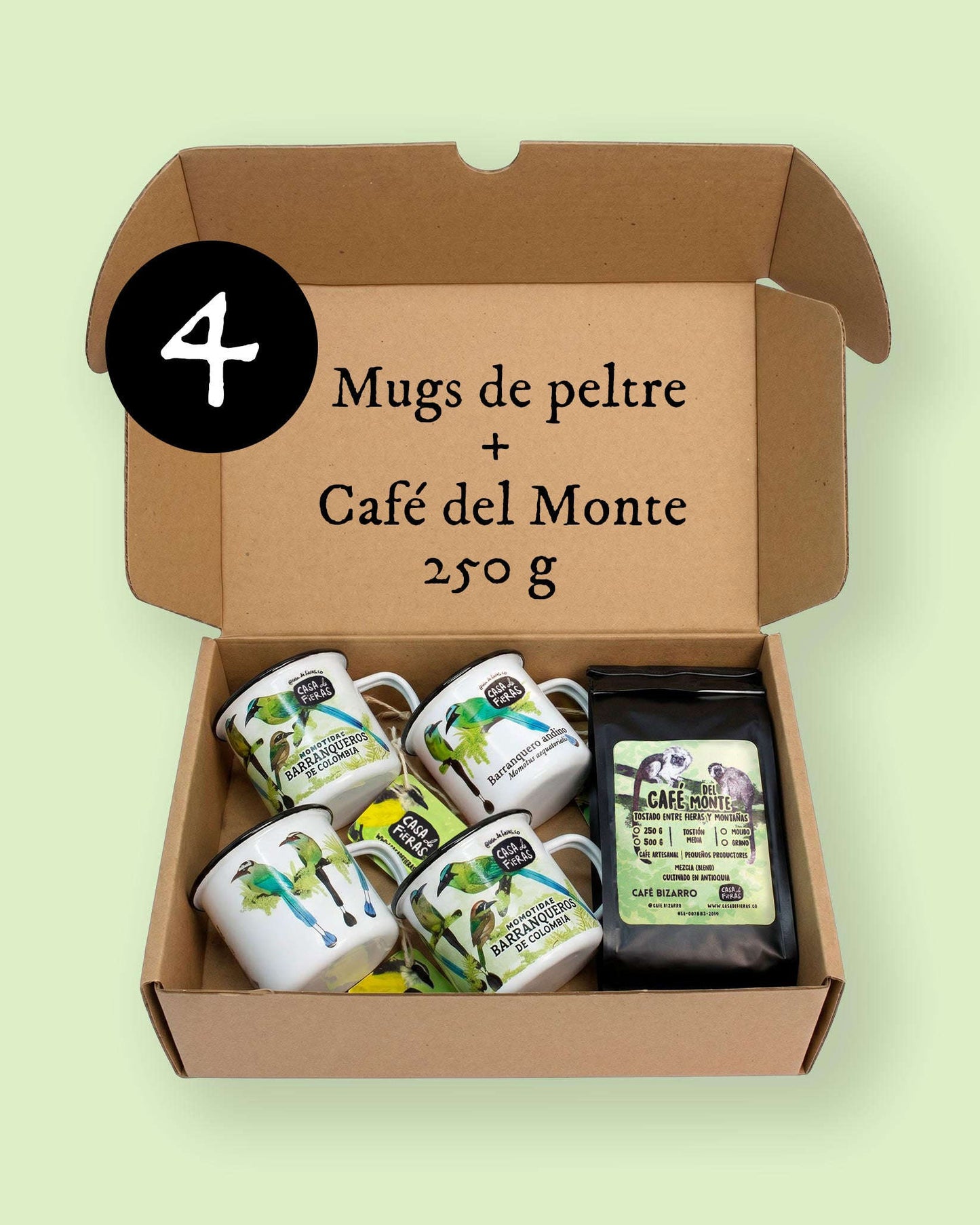 Pack 4 mugs de peltre Barranqueros + Café del Monte 250 g Casa de Fieras