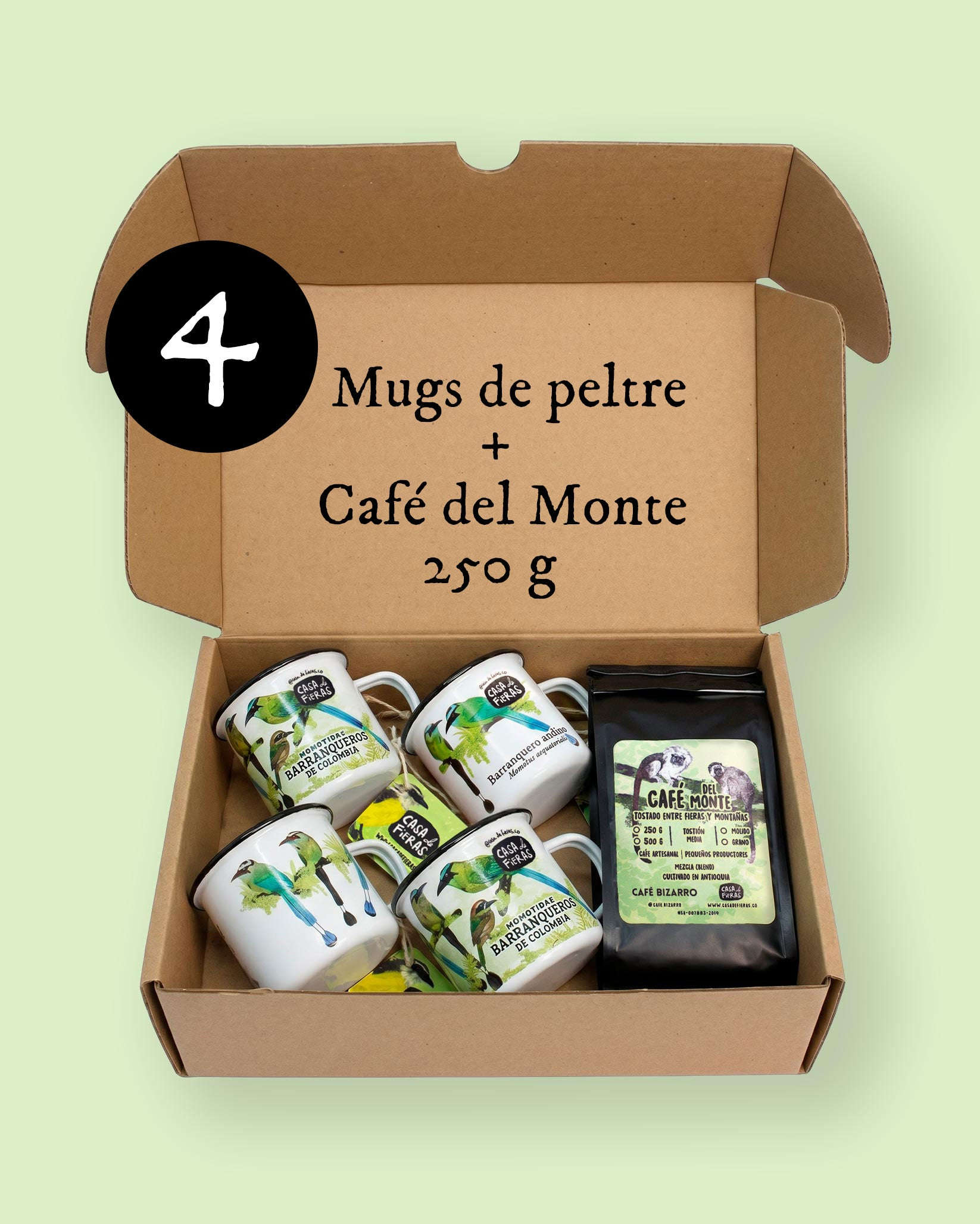 Pack 4 mugs de peltre Barranqueros + Café del Monte 250 g Casa de Fieras