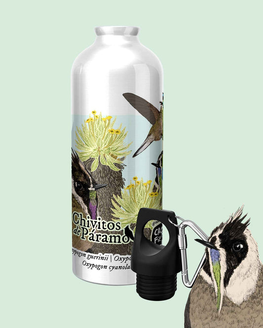 Botella Colibríes Chivitos de páramo | Caramañola de rosca en metal | Fauna colombiana