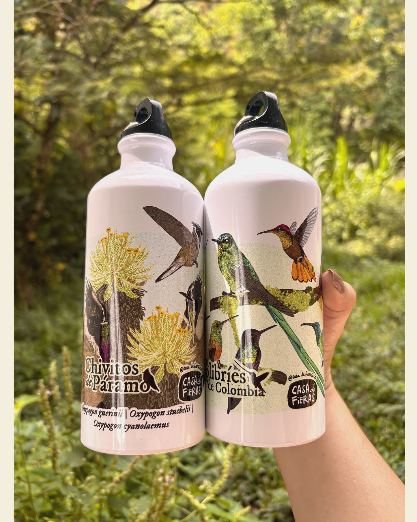 Botella Colibríes Chivitos de páramo | Caramañola de rosca en metal | Fauna colombiana