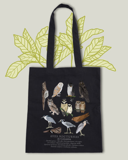 Tote Bag negra Aves Nocturnas de Colombia