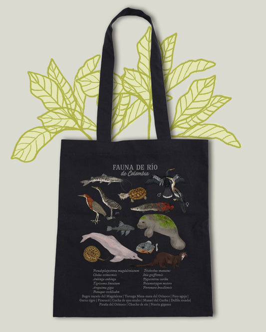 Tote Bag Fauna de Río de Colombia | 100% Algodón | Negra | Casa de Fieras