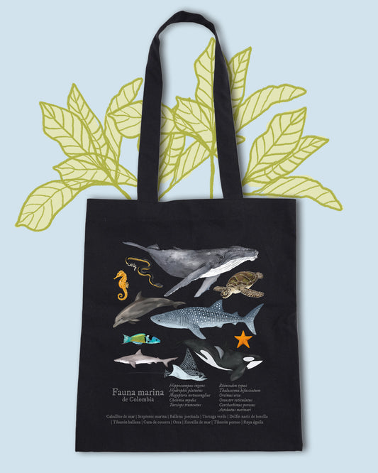 Tote Bag negra Fauna marina de Colombia
